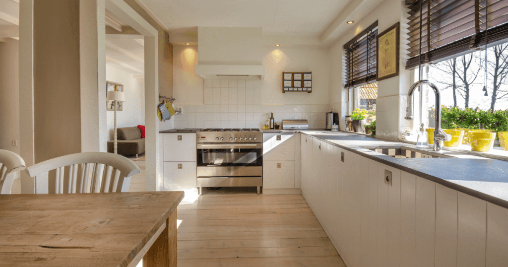 Bright, organized kitchen interior after professional cleaning