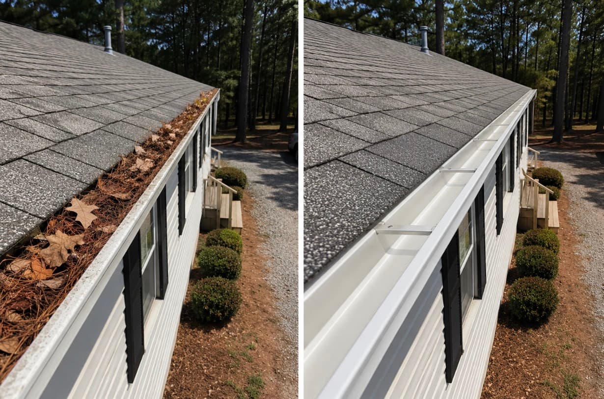 Before and after gutter cleaning comparison